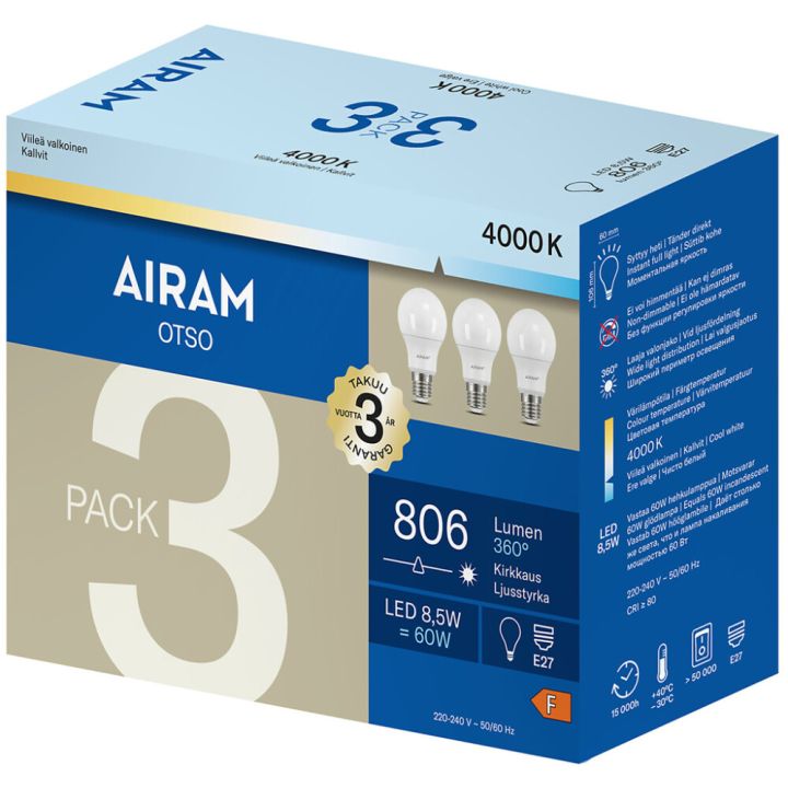 LED-lamp Opaal Airam E27 806LM 4000K 3 tk/pk