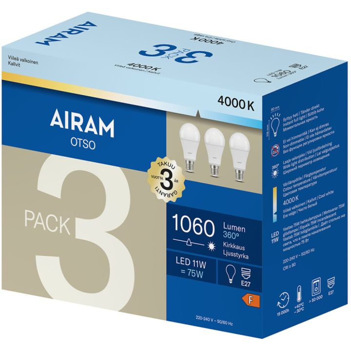 LED-lamp Opaal Airam E27 1060 lm 4000 K 3 tk/pk