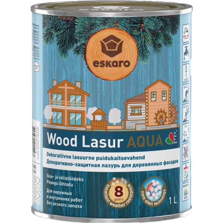 Dekoratiivne puidukaitsevahend Eskaro Wood Lasur Aqua valge 1 l