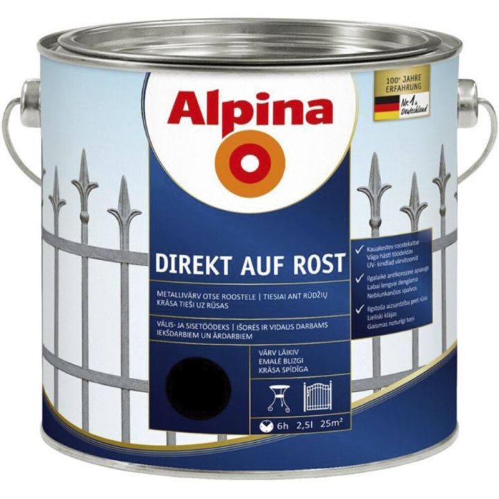 Metallivärv Alpina Direkt Auf Rost 2,5 l, must läikiv