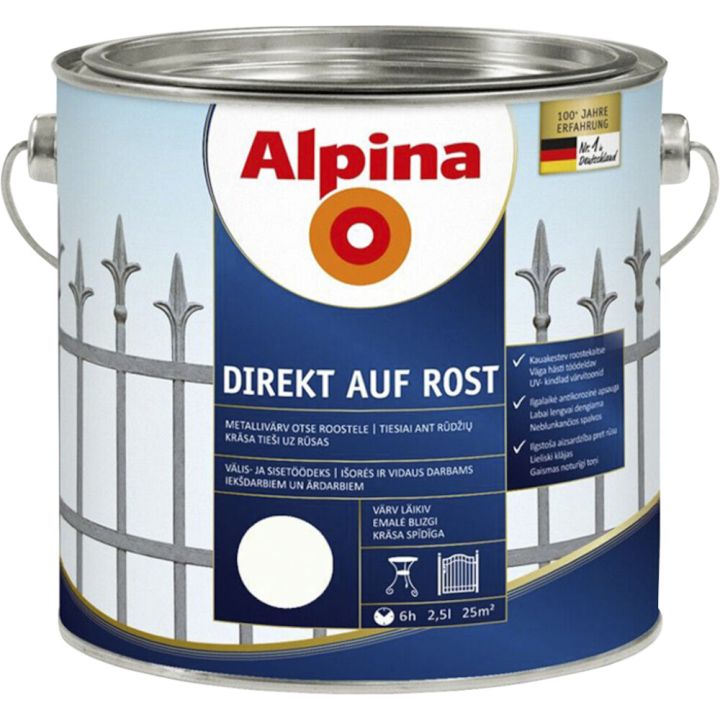 Metallivärv Alpina Direkt Auf Rost 750 ml, valge läikiv