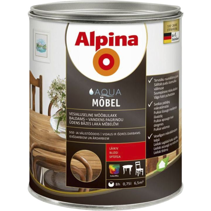 Mööblilakk vesialuseline Alpina Aqua Möbel 0,75 l läikiv