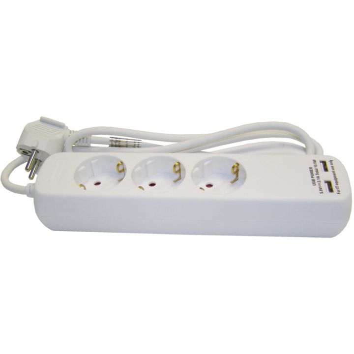 Pikendusjuhe Acuma 3 pistikupesaga 2 USB-A pesaga H05VV-F3G1,5 valge 3 m