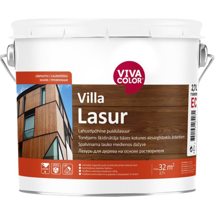 Lahustipõhine puidulasuur Vivacolor Villa Lasur EC ainult toonimiseks 2,7 l
