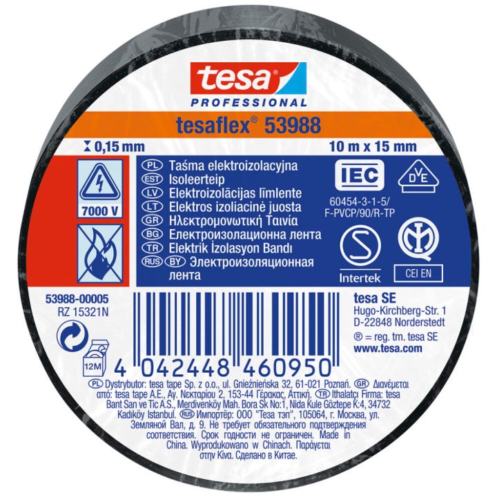 Isoleerteip tesa® Professional Tesaflex 10 m x 15 mm, must