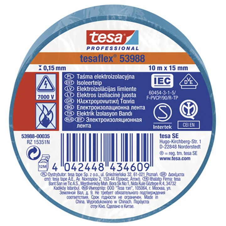 Isoleerteip tesa® Professional Tesaflex 10 m x 15 mm , sinine
