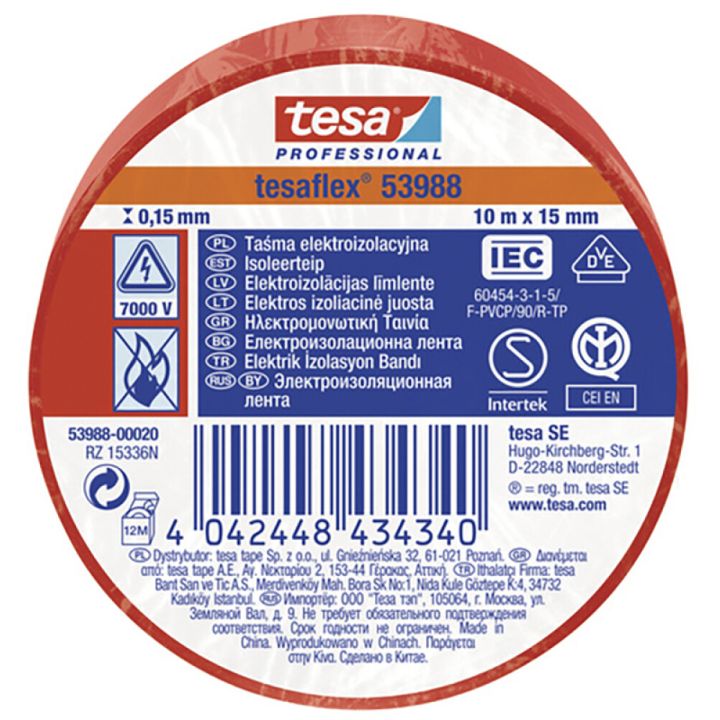 Isoleerteip tesa® Professional Tesaflex 10 m x 15 mm, punane