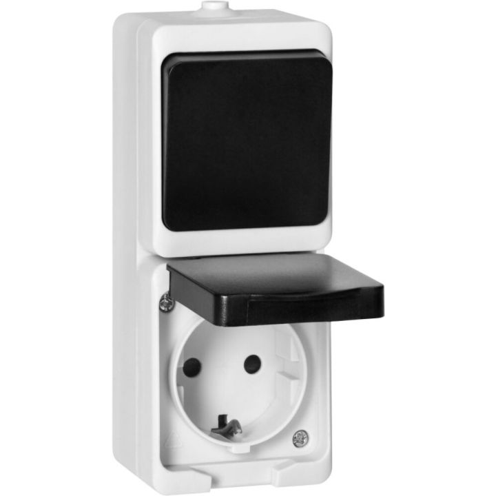 Lüliti + pistikupesa 2-ne 2P+E, IP54 valge/must