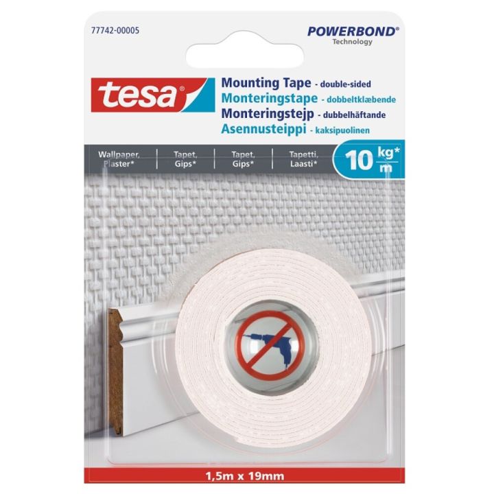 Kahepoolne teip tesa 1,5 m x 19 mm, 10 kg/m