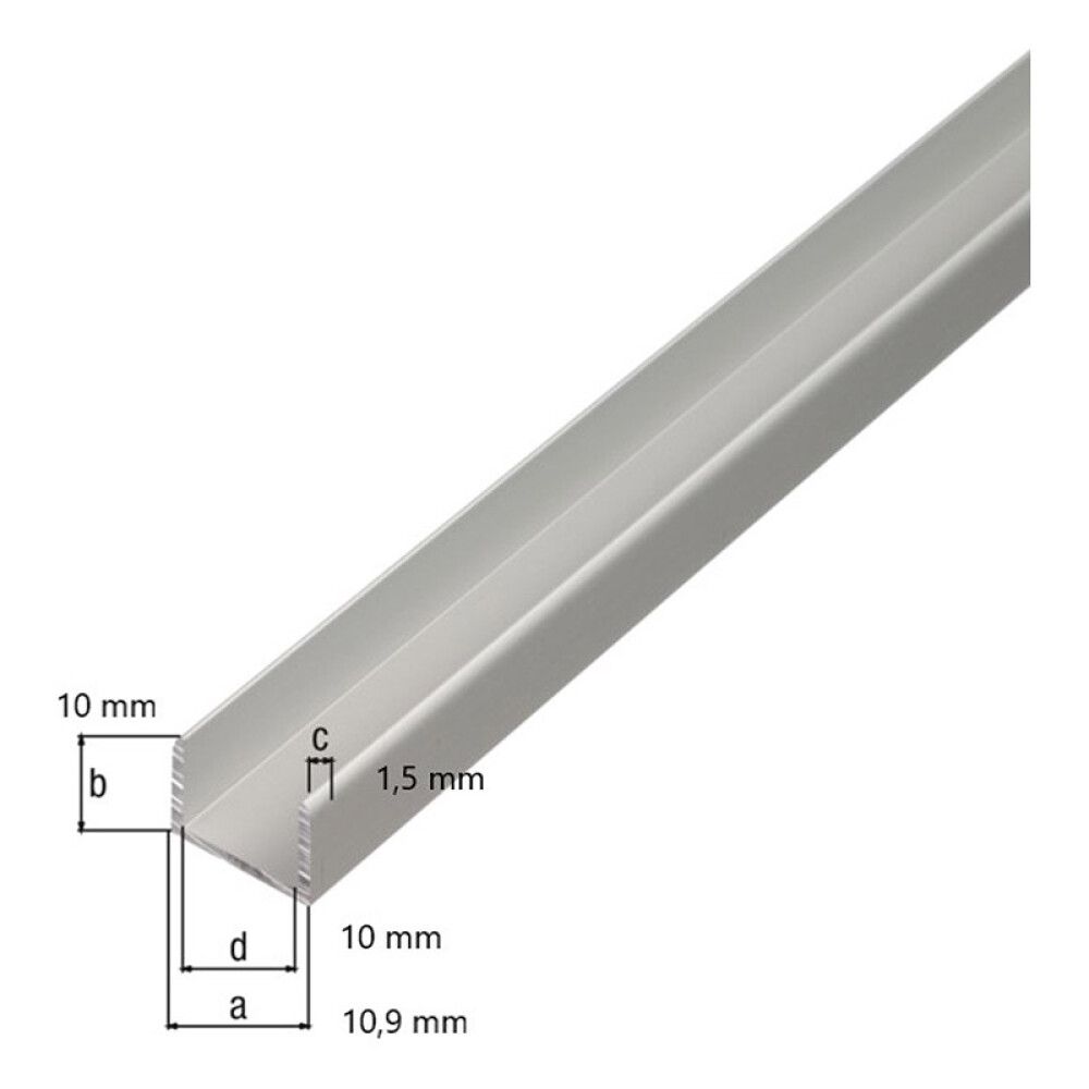 U-profiil alumiinium 10,9 x 10 x 1,5 mm, 1 m