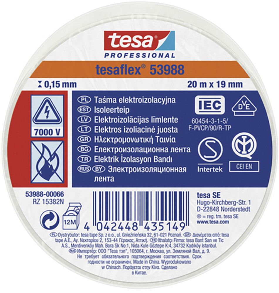 Isoleerteip tesa® Professional Tesaflex 20 m x 19 mm, valge