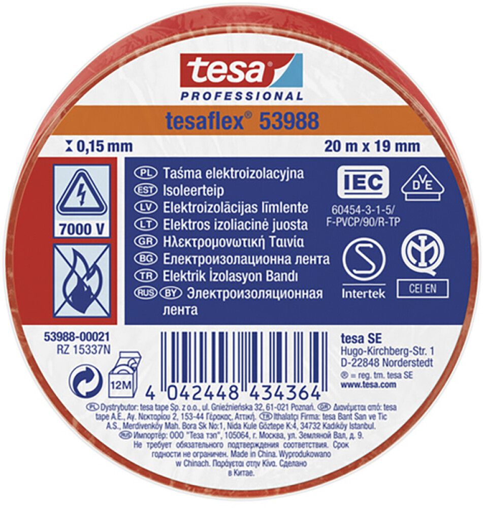 Isoleerteip tesa® Professional Tesaflex 20 m x 19 mm, punane