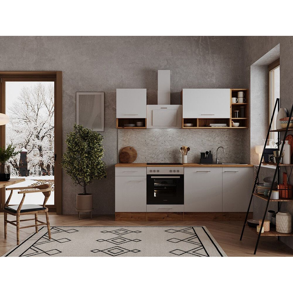 Miniköök Hilde Respekta 2,2 m valge/tamm, keraamilise pliidiga