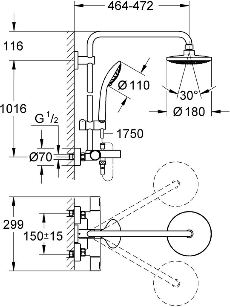 Duši- ja vannikomplekt termostaatsegistiga Vitalio Joy 260