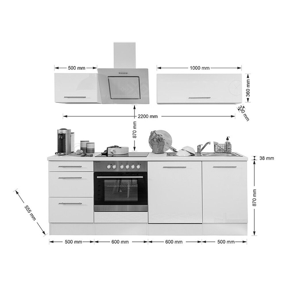 Köögikomplekt Respekta Amanda Premium 2,2 m, hall/valge, keraamiline pliit