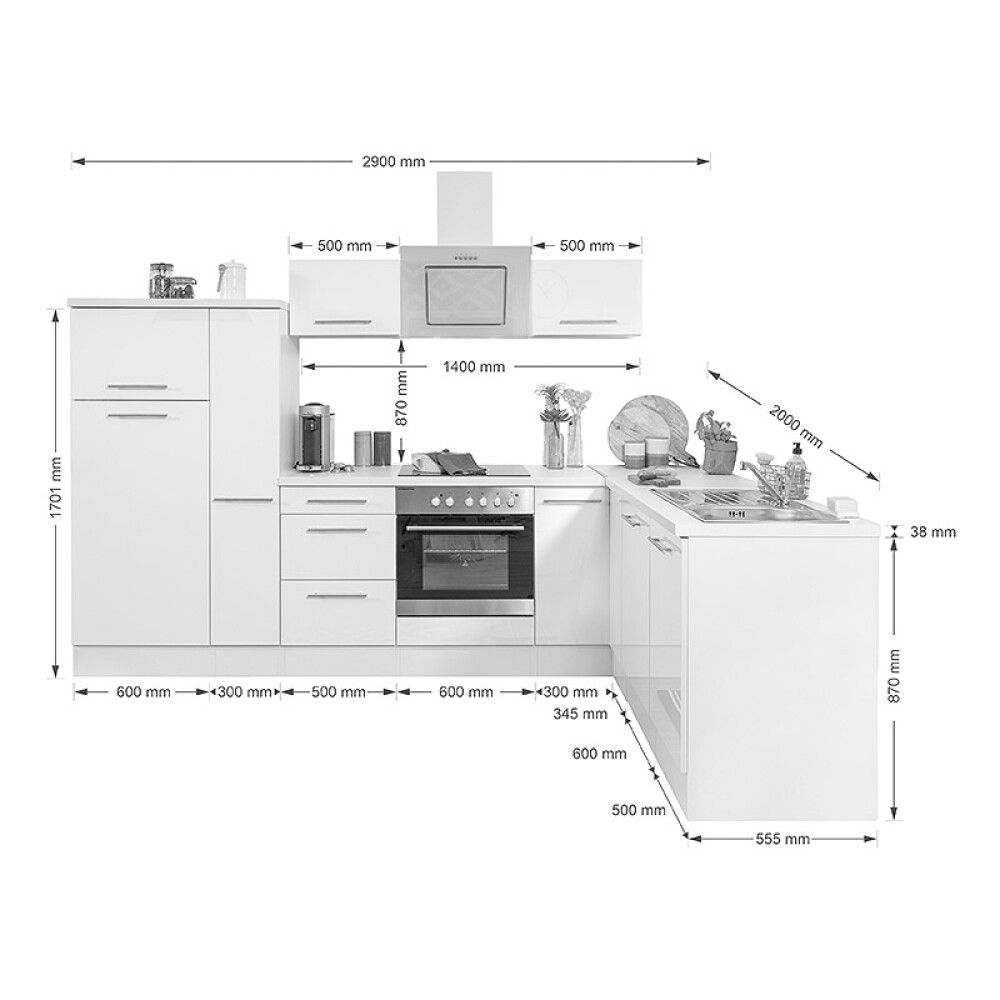 Köögikomplekt Respekta Amanda Premium 2,9 m, hall/valge, keraamiline pliit