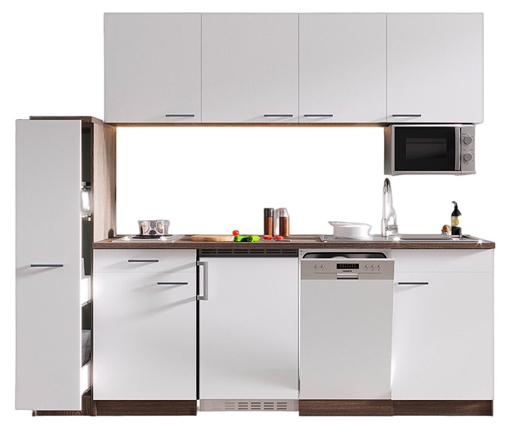 Miniköök Oliver Respekta 2,25 m valge/tamm, elektripliidiga, mikrolaineahjuga