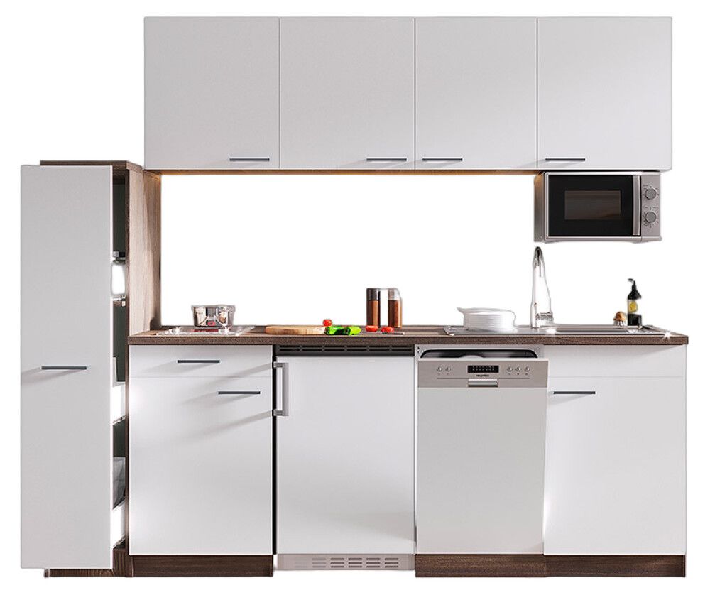 Miniköök Oliver Respekta 2,25 m valge/tamm, keraamilise pliidiga, mikrolaineahjuga