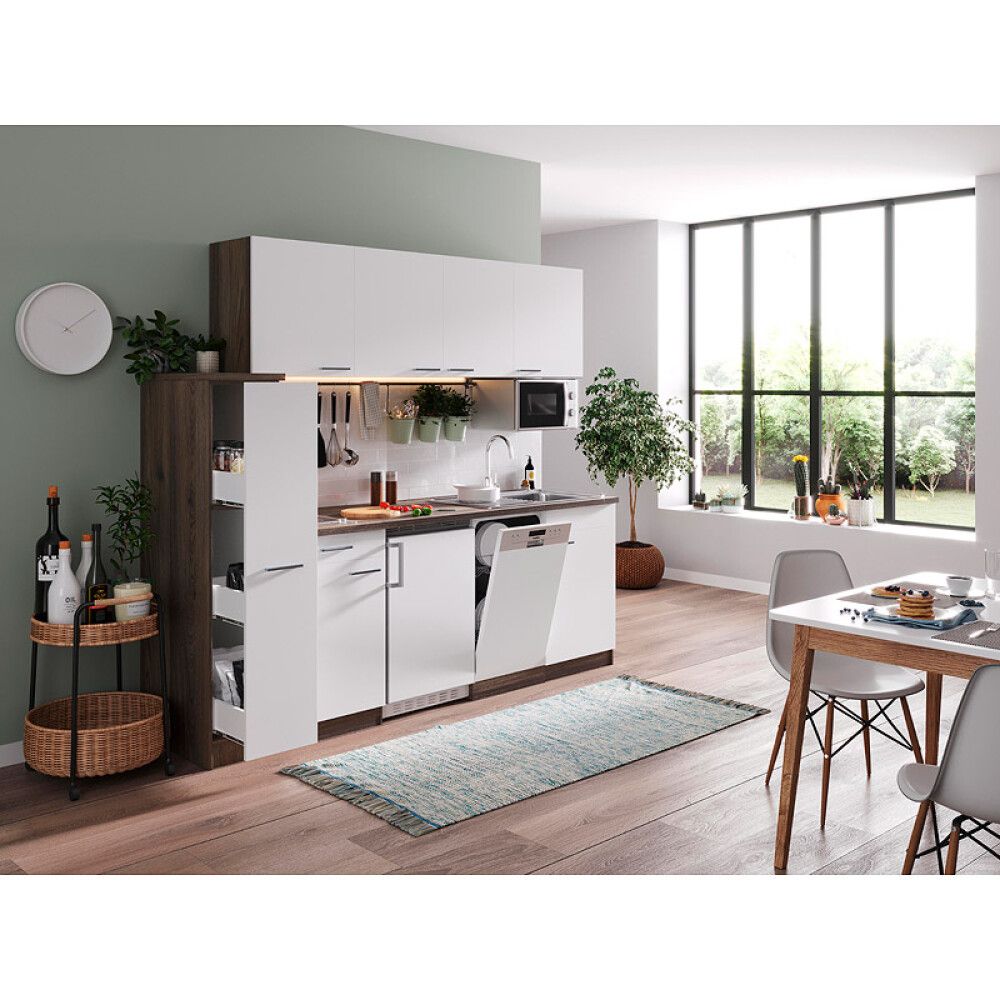Miniköök Oliver Respekta 2,25 m valge/tamm, keraamilise pliidiga, mikrolaineahjuga