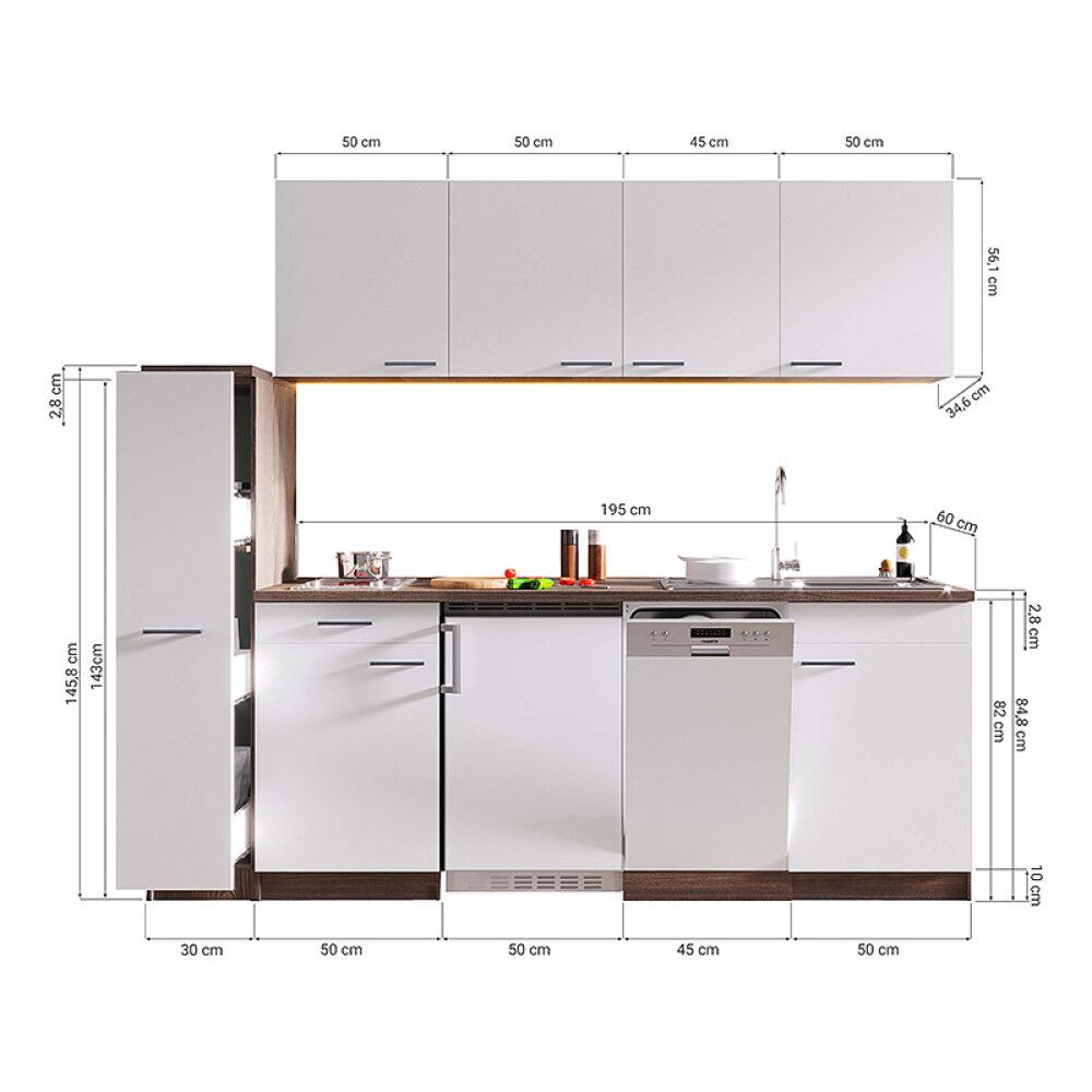Miniköök Hilde Respekta 2,25 m hall/tamm, keraamilise pliidiga