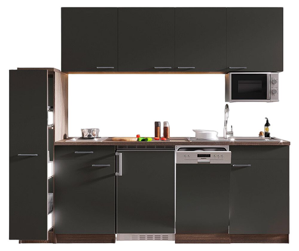 Miniköök Oliver Respekta 2,25 m hall/tamm, elektripliidiga, mikrolaineahjuga