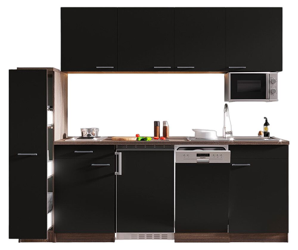 Miniköök Oliver Respekta 2,25 m must/tamm, elektripliidiga, mikrolaineahjuga