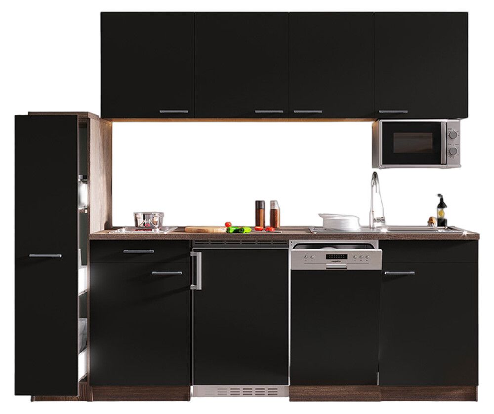 Miniköök Oliver Respekta 2,25 m must/tamm, keraamilise pliidiga, mikrolaineahjuga