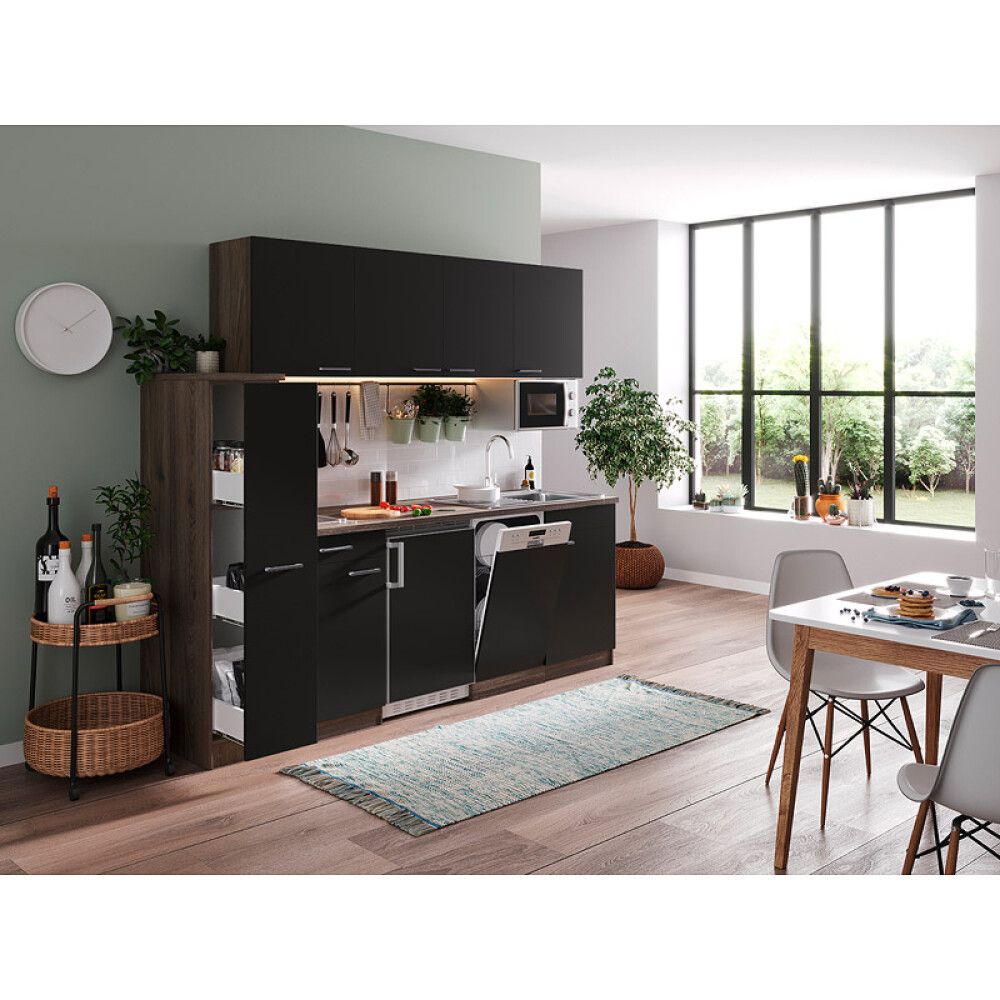 Miniköök Oliver Respekta 2,25 m must/tamm, keraamilise pliidiga, mikrolaineahjuga