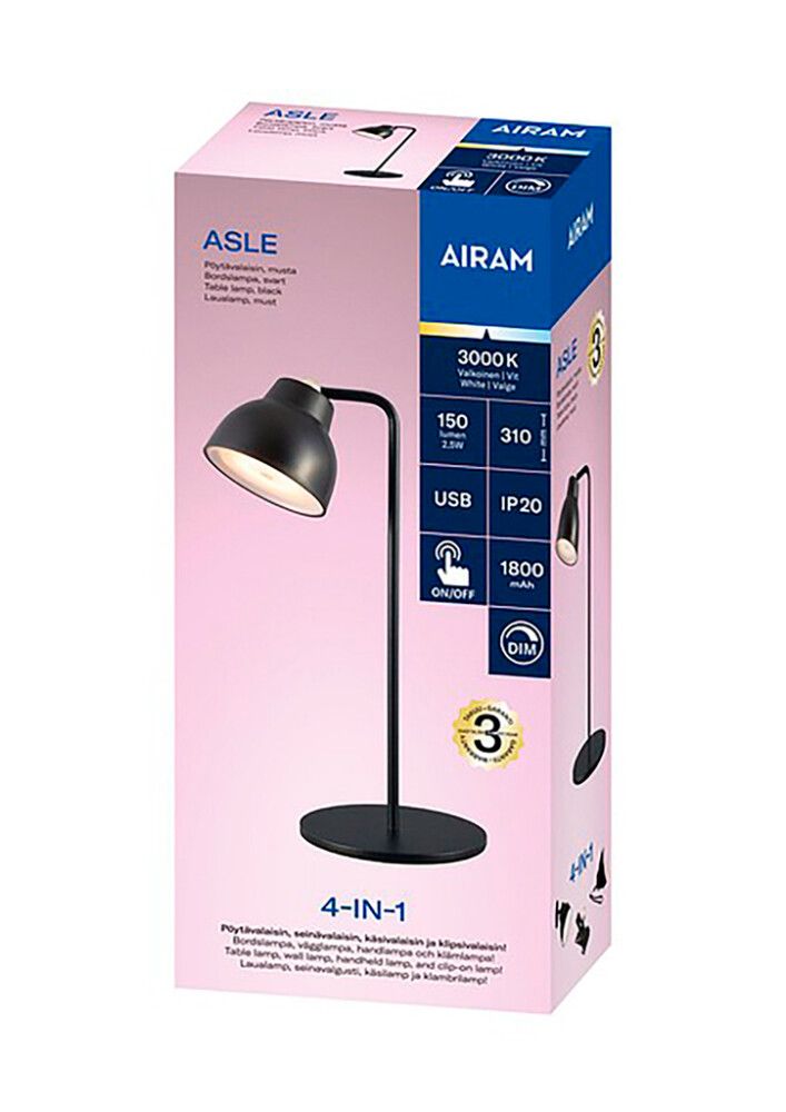 Lauavalgusti  Airam Asle laetav   4-in-1 Must