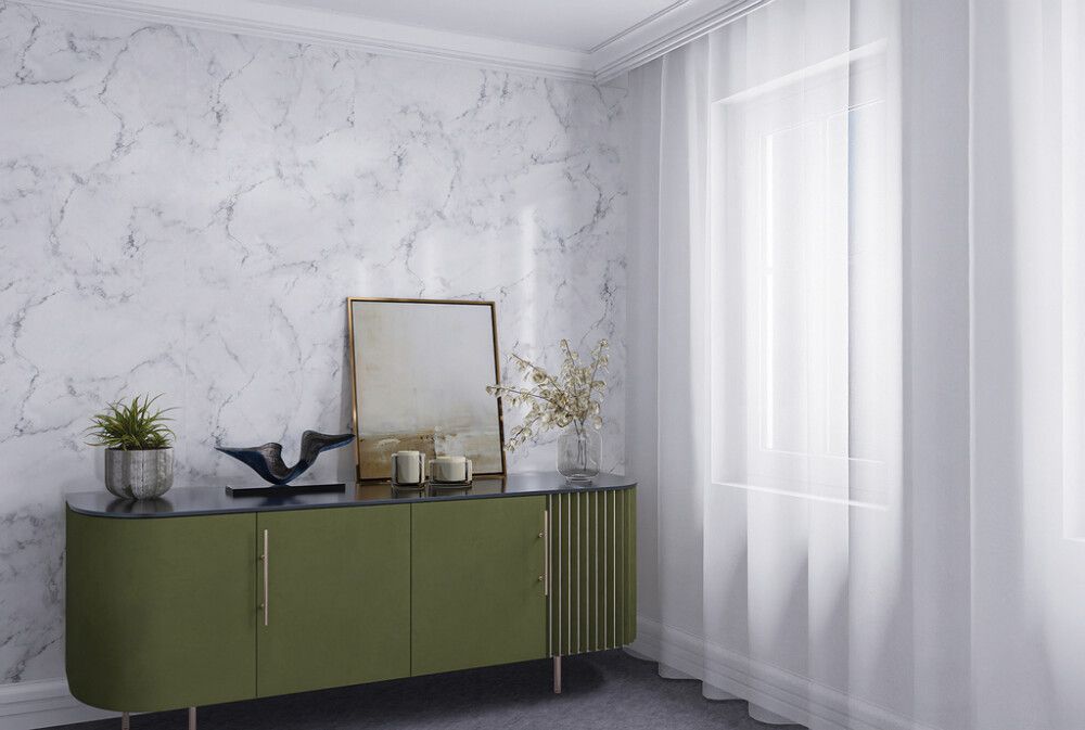 Näidis alumiinium komposiitplaadile Stocksund Stole U3 valge marmor / tume tsement