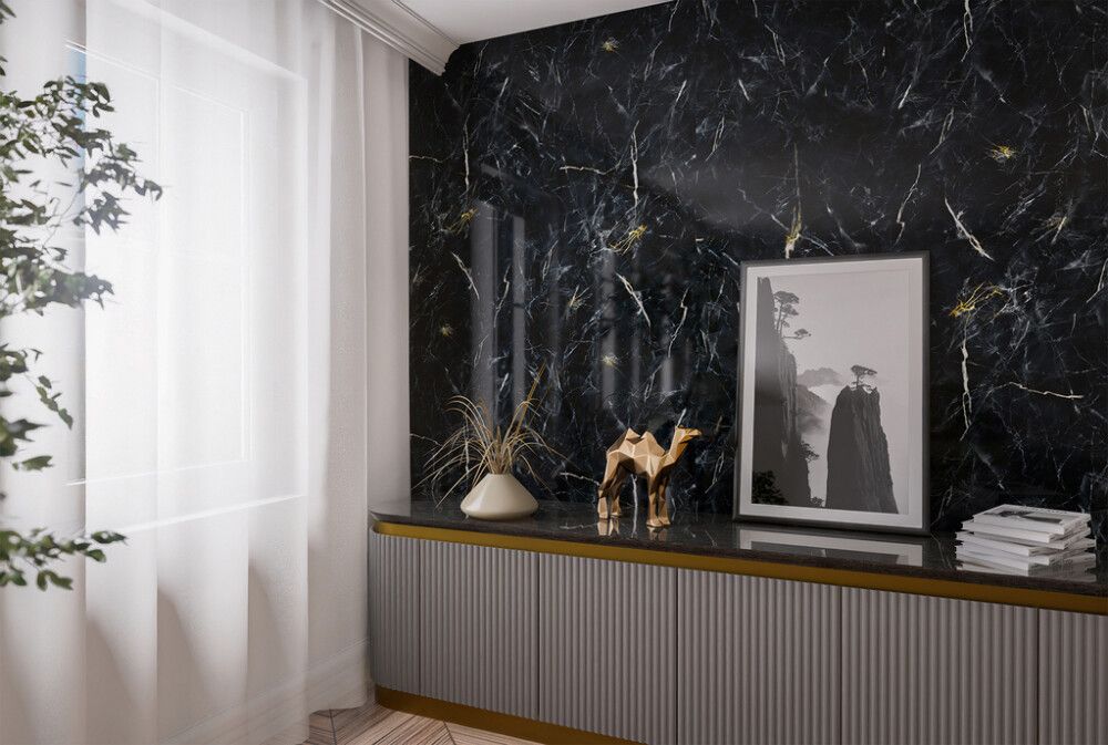 Näidis alumiinium komposiitplaadile Stocksund Stole U7harjatud pronks / must-kuldne marmor