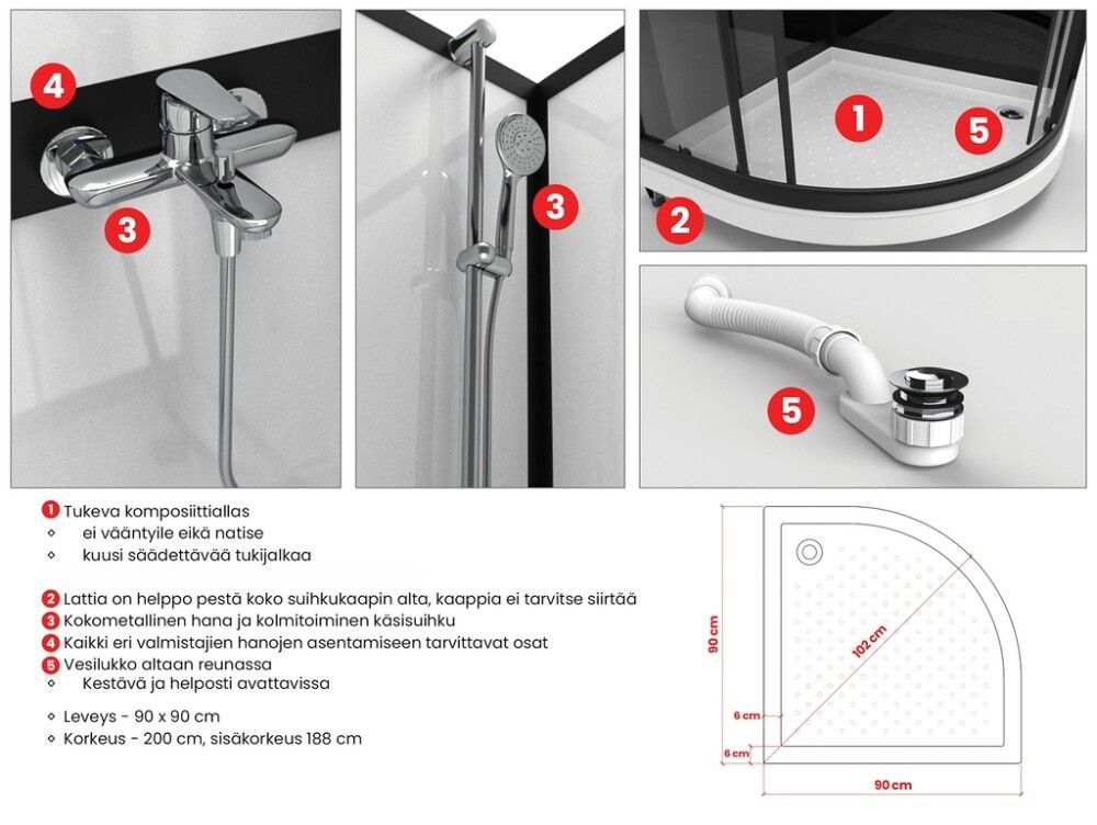 Dušikabiin Nordium SUKA9 Stocksund must 90 x 90 cm