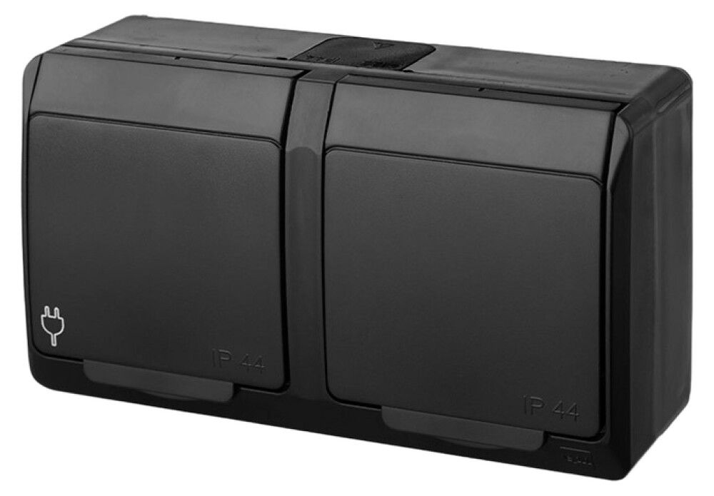 Pistikupesa pinnapealne Elektro-Plast Hermes  2 x 2P+Z Schuko IP44 must