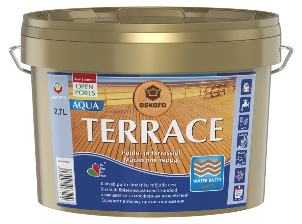 Puidu- ja terrassiõli Eskaro Terrace Aqua 2,7 l värvitu