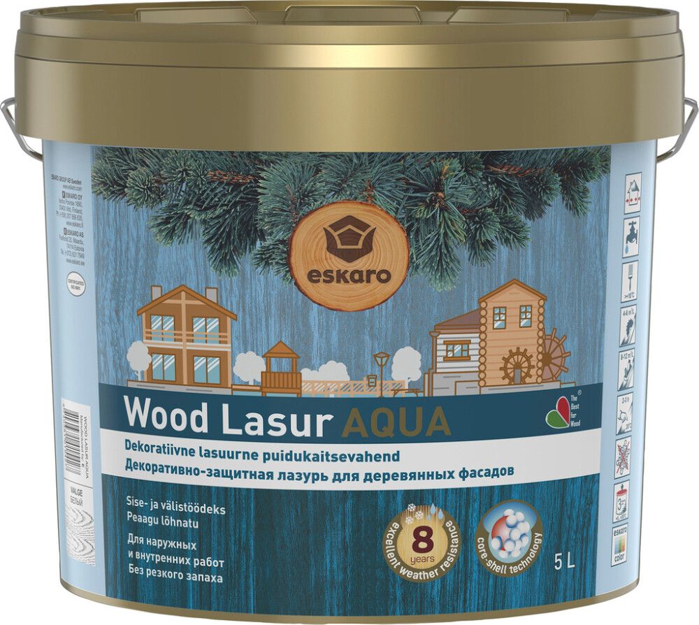 Dekoratiivne puidukaitsevahend Eskaro Wood Lasur Aqua pähkl 5 l