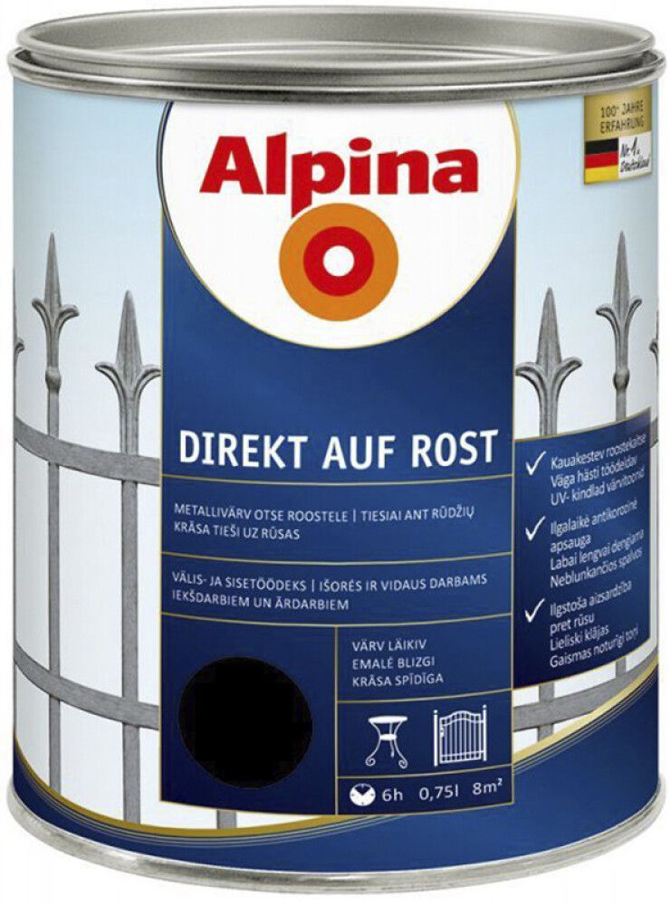 Metallivärv Alpina Direkt Auf Rost 750 ml, must läikiv