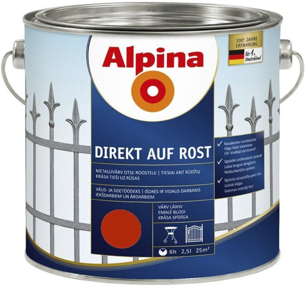 Metallivärv Alpina Direkt Auf Rost 2,5 l, punane läikiv