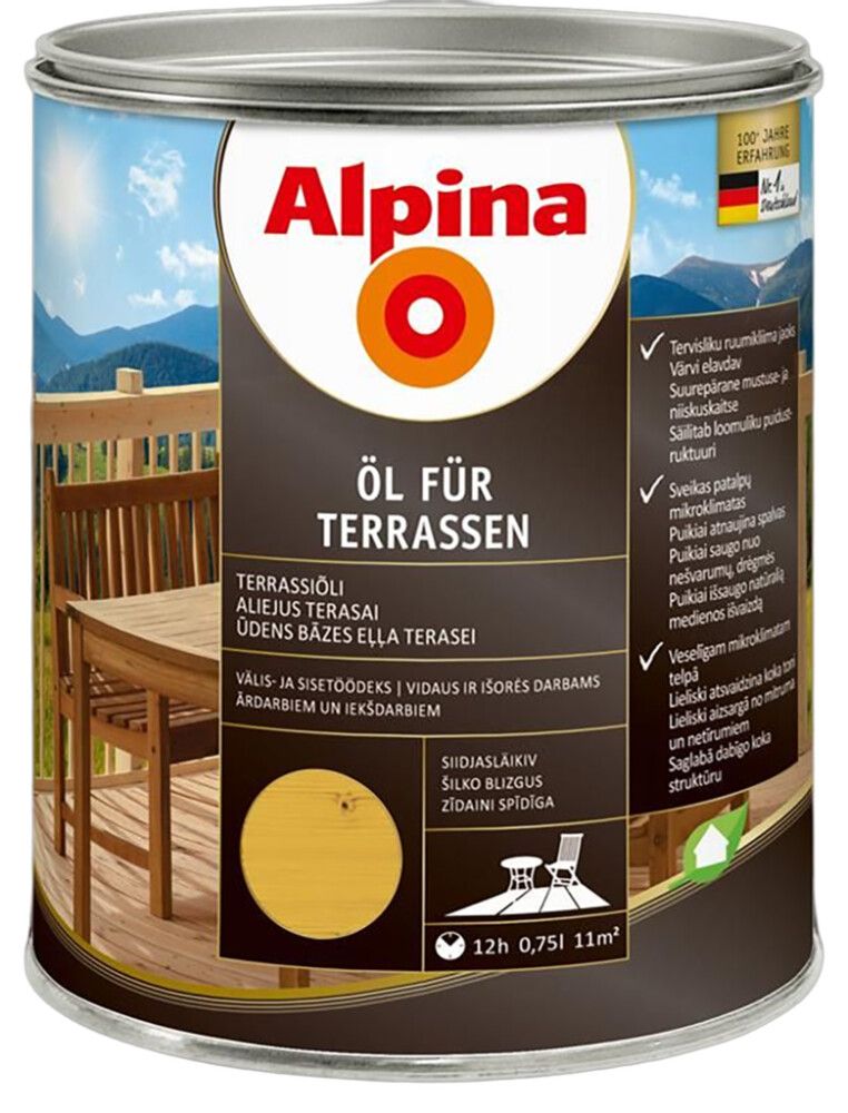 Terrassiõli Alpina Öl Für Terrassen Hell, hele 0,75 l