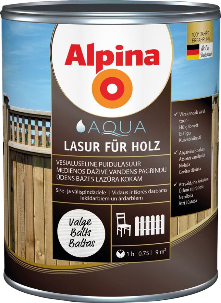 Puidulasuur Alpina Aqua Lasur Für Holz 2,5 l valge