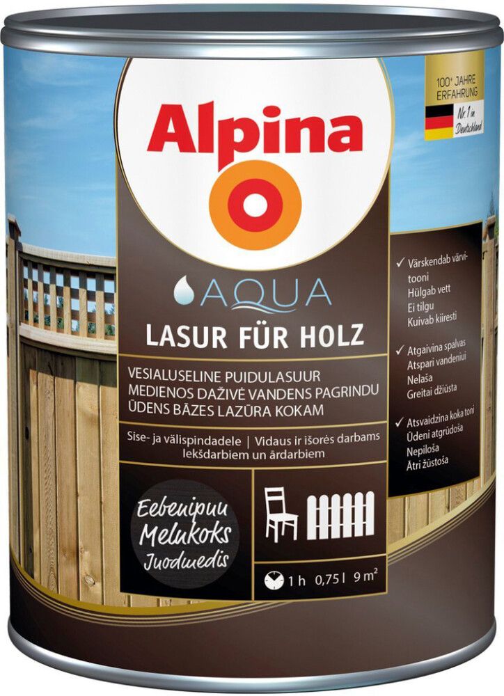 Puidulasuur Alpina Aqua Lasur Für Holz 0,75 l eebenipuu