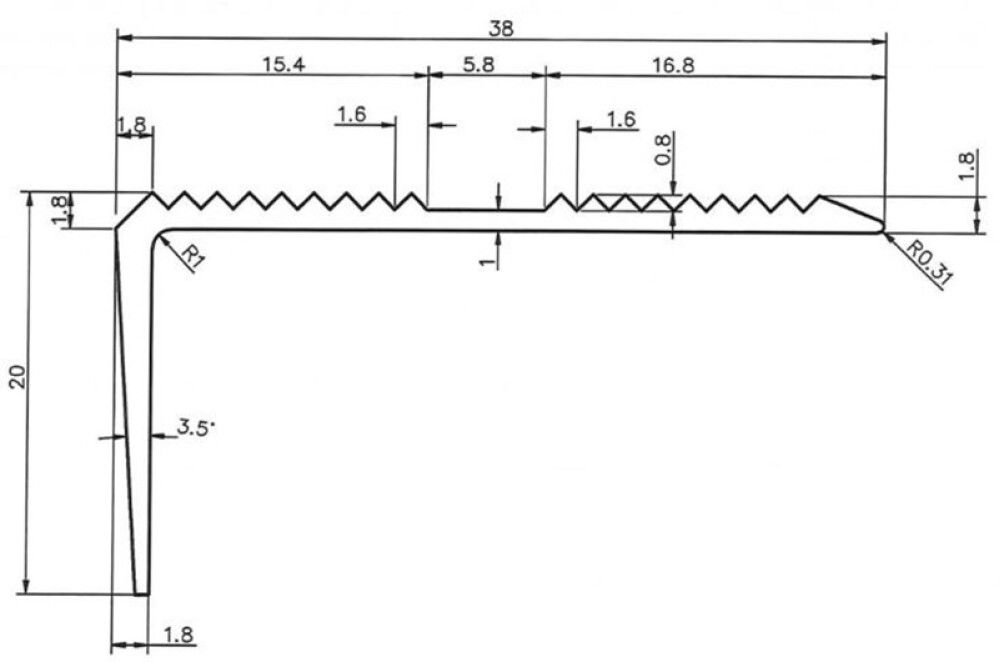 Astmeservaliist 20 x 38 x 1800 mm, kuldne