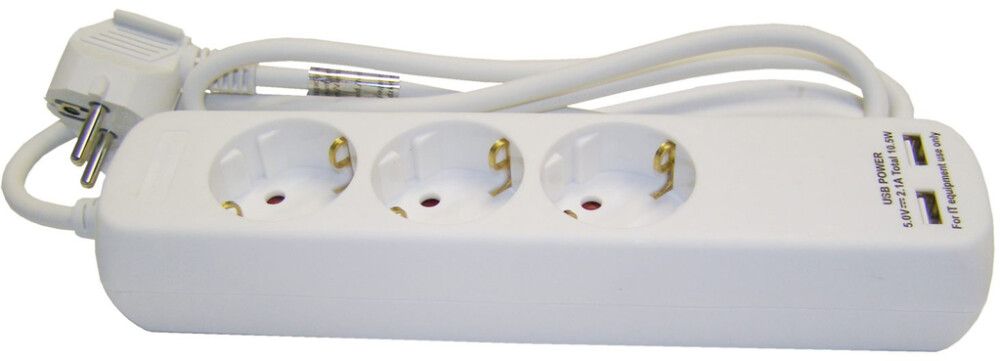 Pikendusjuhe Acuma 3 pistikupesaga 2 USB-A pesaga H05VV-F3G1,5 valge 1,5 m