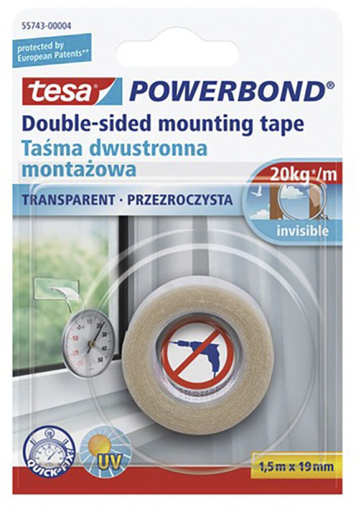 Kahepoolne teip tesa® läbipaistev 1,5 m x 19 mm