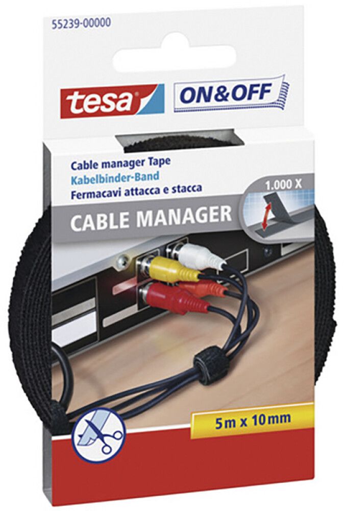 Takjapael tesa® On&Off Cable Manager 5 m x 10 mm, must