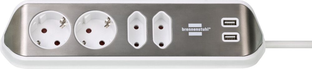 Pikendusjuhe Brennenstuhl® estilo  Inox/valge 4 x pistikupesa & 2 x USB