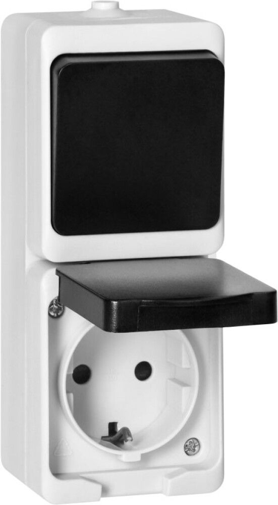 Lüliti + pistikupesa 2-ne 2P+E, IP54 valge/must