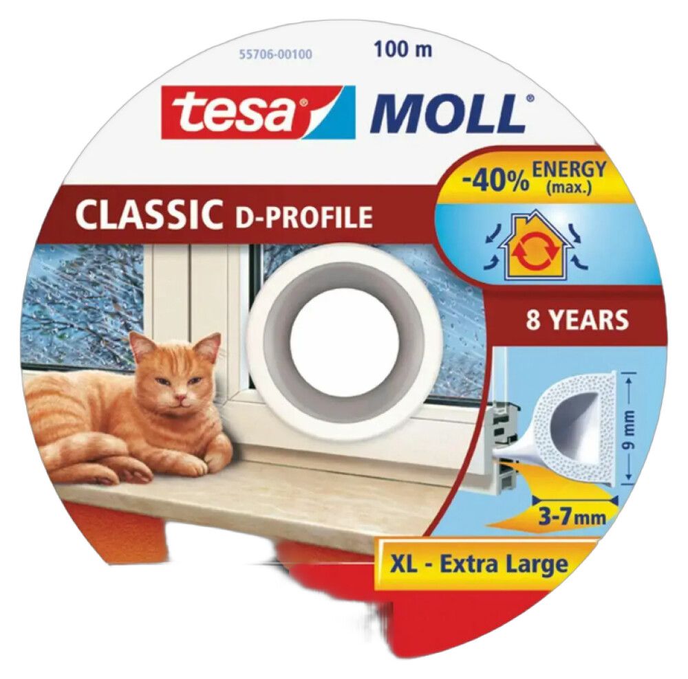 Aknatihend tesamoll® D-profiil 100 m x 9 mm, valge