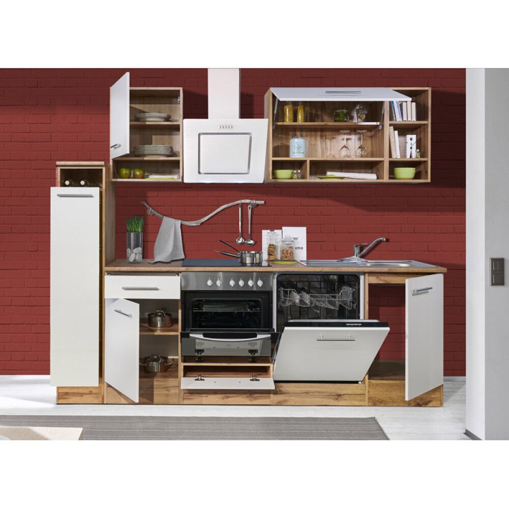 Miniköök Hilde Respekta 2,5 m valge/tamm, keraamilise pliidiga