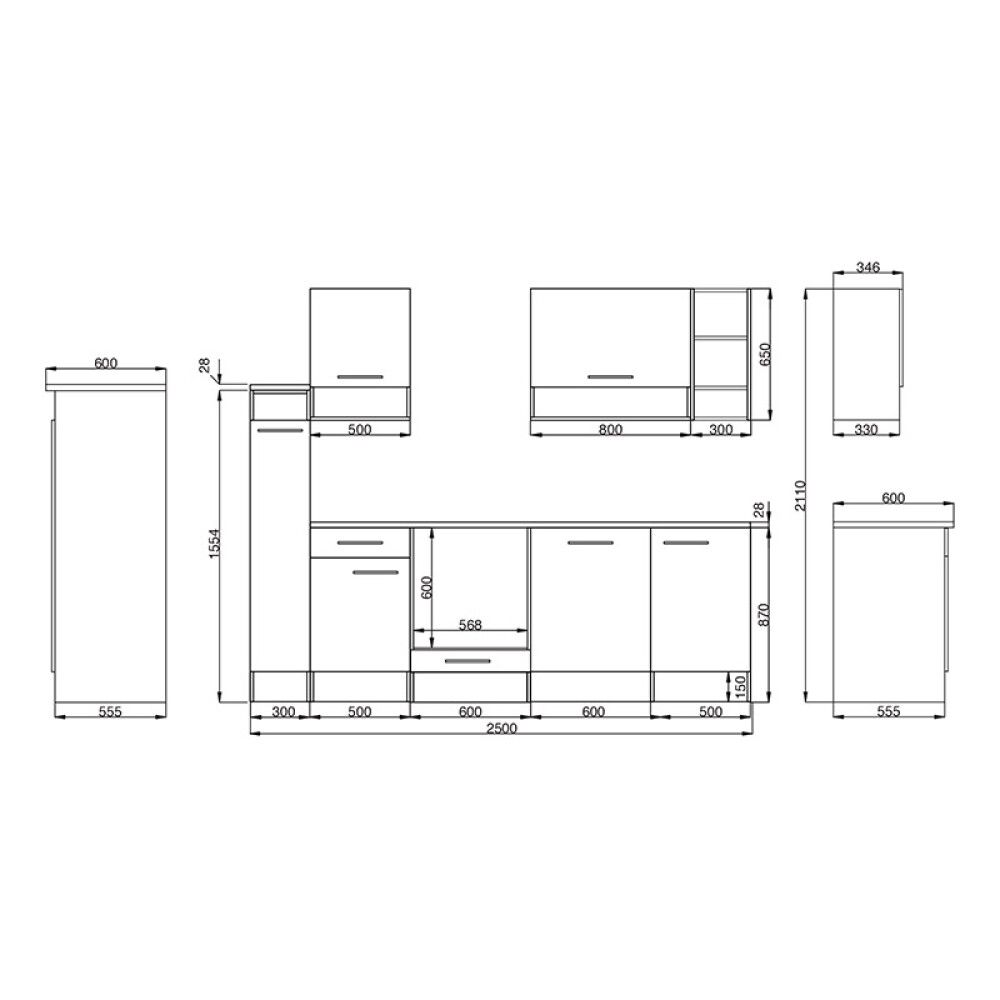 Miniköök Hilde Respekta 2,5 m valge/tamm, keraamilise pliidiga