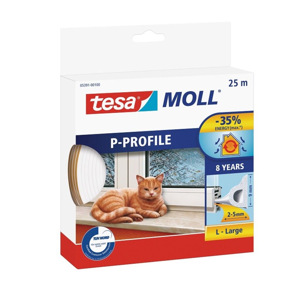 Tihend tesamoll® P-profiil 25 m x 9 mm x 5,5 mm, valge